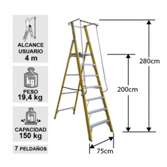 ESCALERA FIBRA DE VIDRIO TIJERA PLATAFORMA 7 PELDAOS