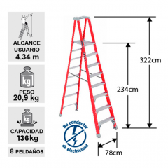 ESCALERA FIBRA VIDRIO TIJERA PLATAFORMA 8 PELDAOS LOUISVILLE